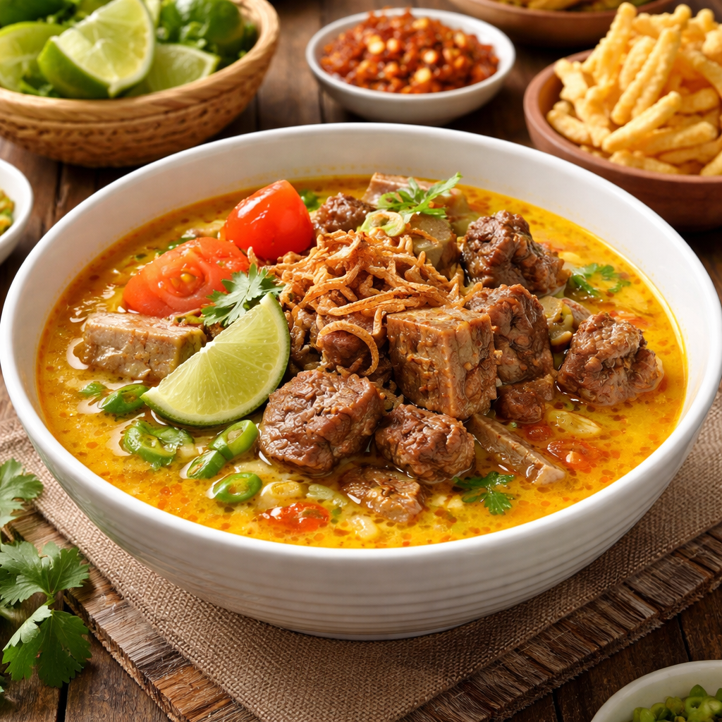 Soto Tangkar Eat and Eat – soto dengan potongan daging sapi, paru, kikil, dan tomat